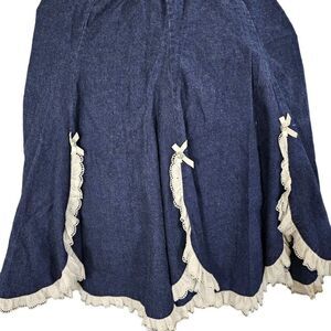 Vintage 80s Skirt Womens Size XS Denim White Lace Flare Bows Rockabilly Western